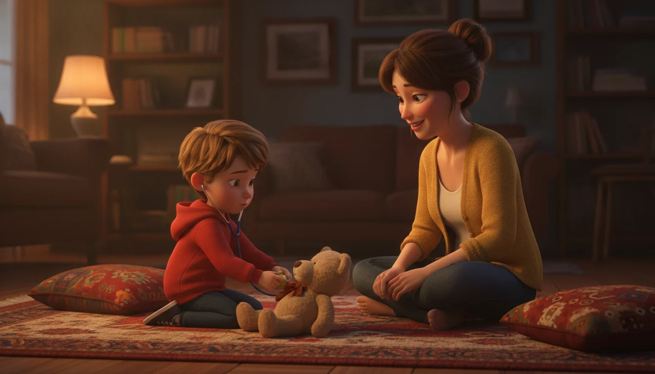 A child listening to a teddy bear's chest with a toy while their mother watches and smiles