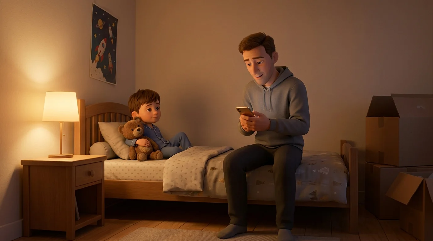 Un enfant de 6 ans assis sur son lit dans une nouvelle chambre encore à moitié vide avec des cartons, son père lui lit une histoire à côté de lui, lampe de chevet allumée, ambiance soir, rendu 3D façon film d'animation
