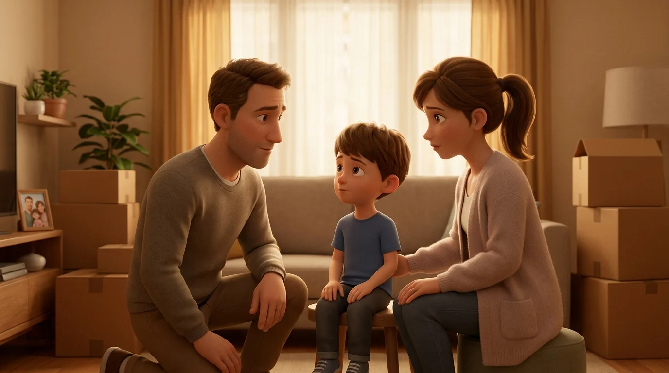 Une famille avec un enfant de 6 ans dans le salon de leur maison, des cartons empilés autour, les parents sont assis face à l'enfant qui les regarde avec attention, ambiance calme et sérieuse, rendu 3D façon film d'animation