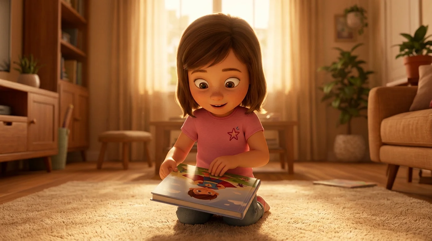 Une jeune fille découvre un livre personnalisé en relief avec son prénom, ambiance chaleureuse, rendu 3D façon film d'animation