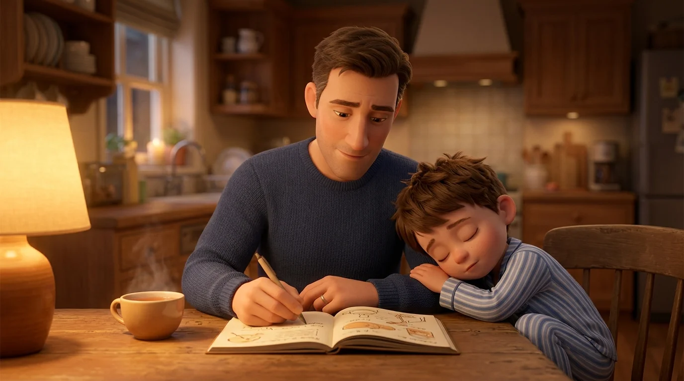 Un papa écrit dans un cahier illustré sur la table de la cuisine pendant que son fils dort blotti contre son bras, rendu 3D façon film d'animation, lumière douce du soir