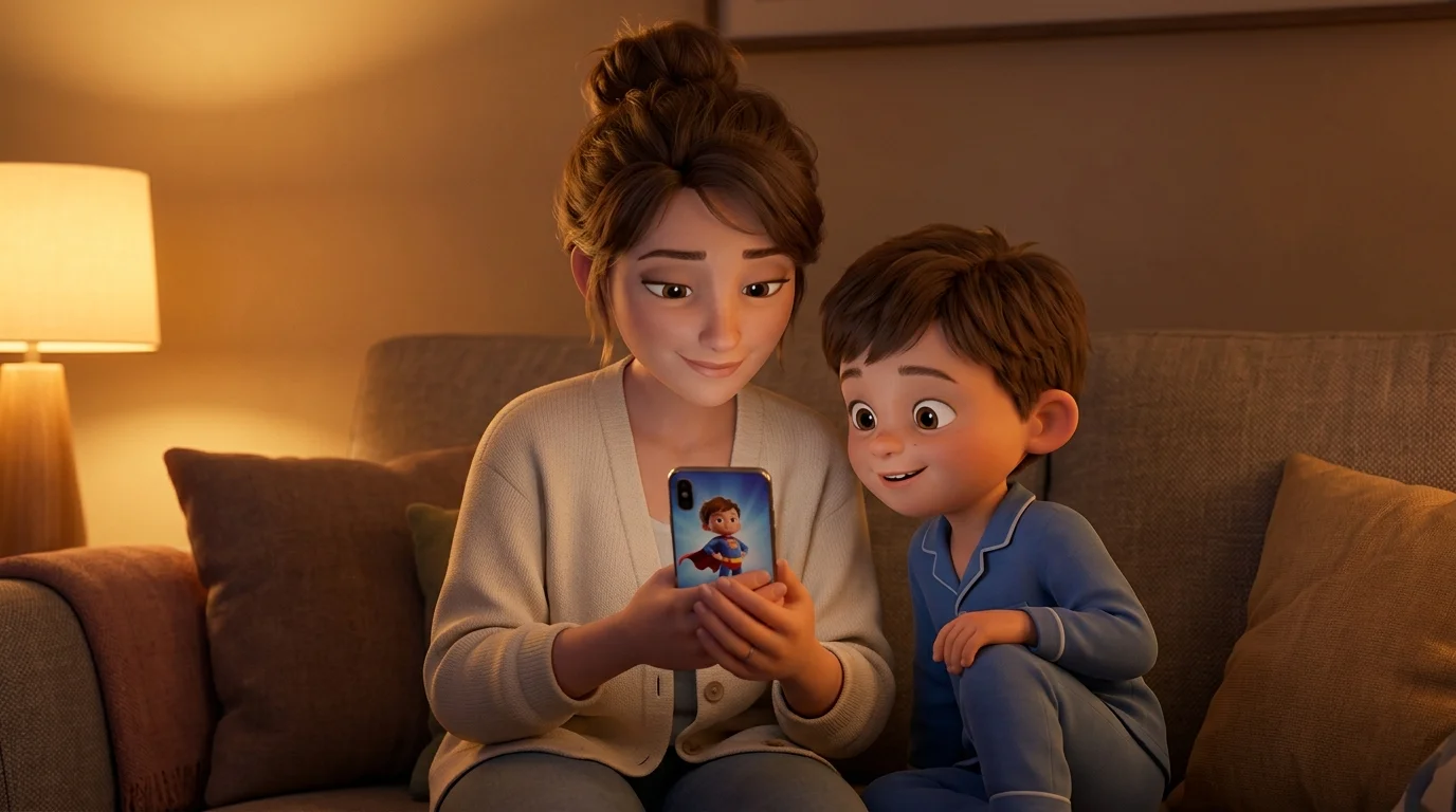 Une mère et sa fille blotties dans la pénombre d'une chambre, un téléphone diffuse une histoire illustrée, rendu 3D façon film d'animation, lumière chaude ambrée