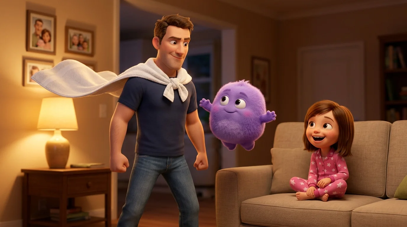 Papa avec une serviette de bain en cape de super-héros face à un monstre violet de chatouilles, sa fille riant à côté, salon chaleureux, illustration 3D stylisée