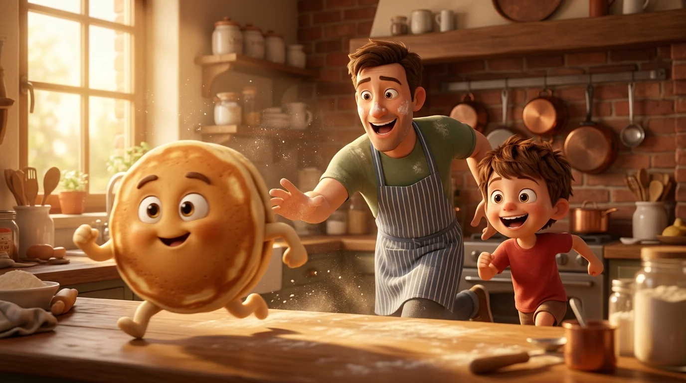 Papa en tablier et son fils en train de poursuivre une boule de pâte à pancake géante dans une cuisine ensoleillée, illustration 3D stylisée