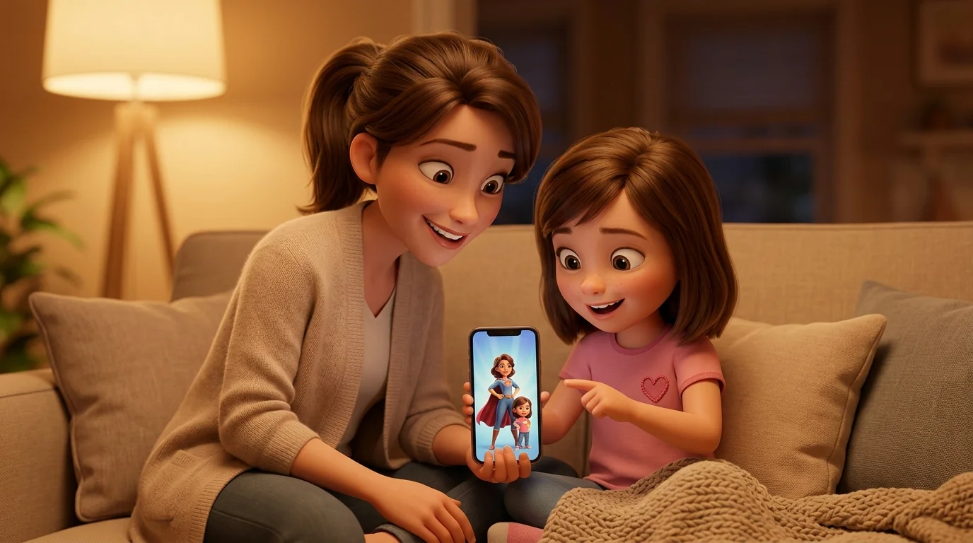 Une mère et sa fille assises ensemble sur un canapé, le téléphone affiche un poster d'histoire personnalisée illustré, ambiance complice et tendre, rendu 3D façon film d'animation