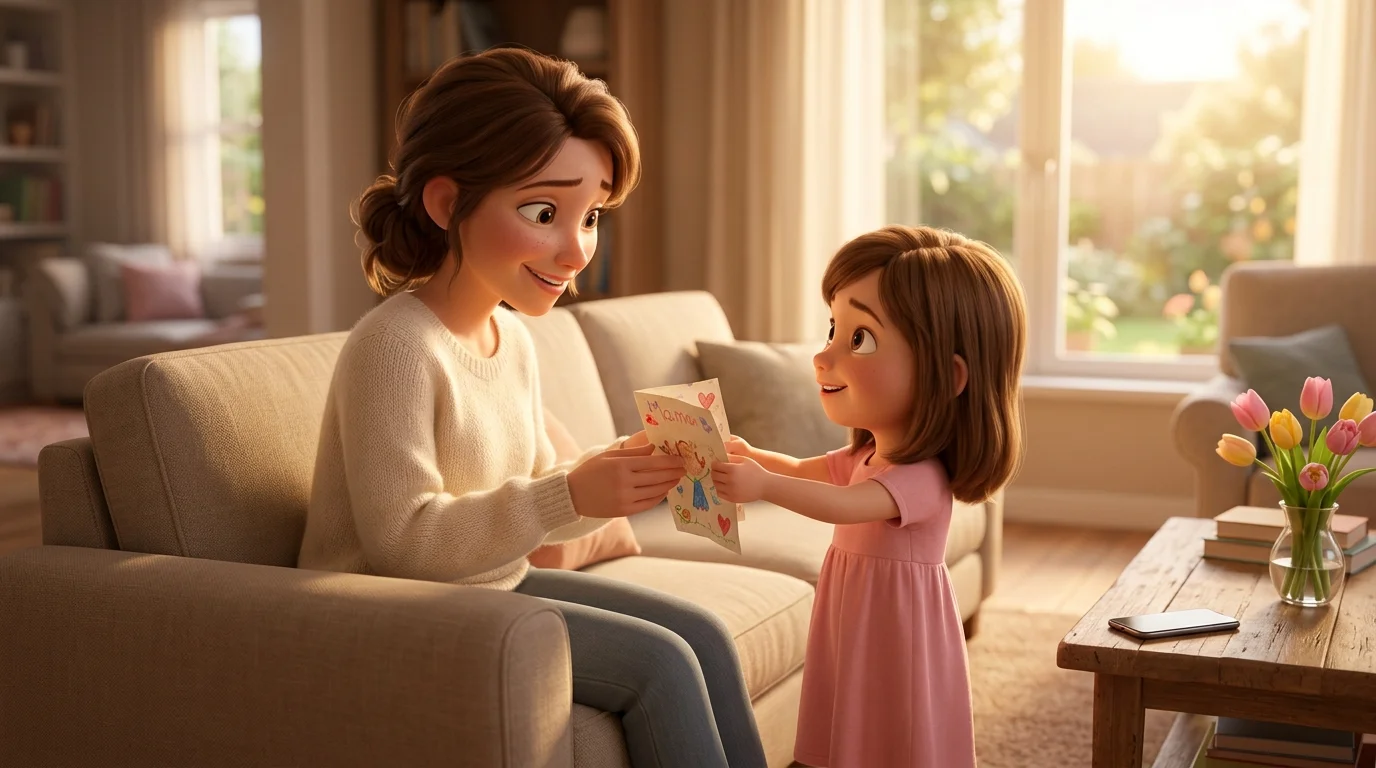 Une fillette montre un téléphone à sa maman au petit-déjeuner, le téléphone joue une histoire personnalisée illustrée, fleurs et tasse de café sur la table, rendu 3D façon film d'animation, lumière chaude du matin