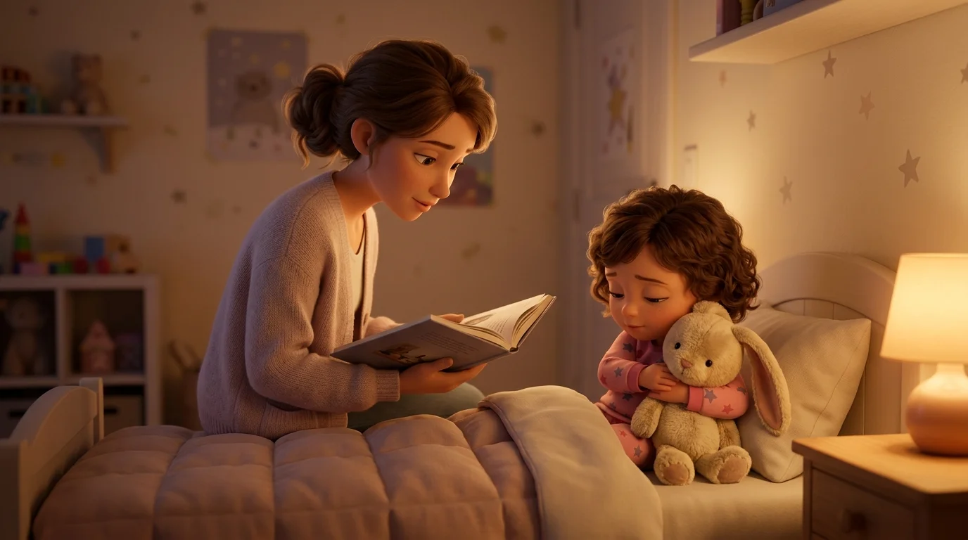Une maman lit une histoire à sa petite fille de 3 ans qui tient un doudou lapin contre elle, dans une chambre douce et tamisée le soir, rendu 3D façon film d'animation, lumière chaude
