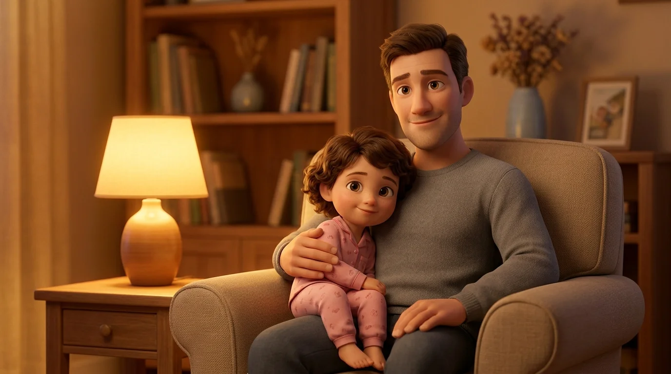 Un enfant de 3 ans assis sur les genoux de son papa dans un fauteuil de salon, le papa lit une histoire avec une voix posée, lumière chaude tamisée du soir, rendu 3D façon film d'animation
