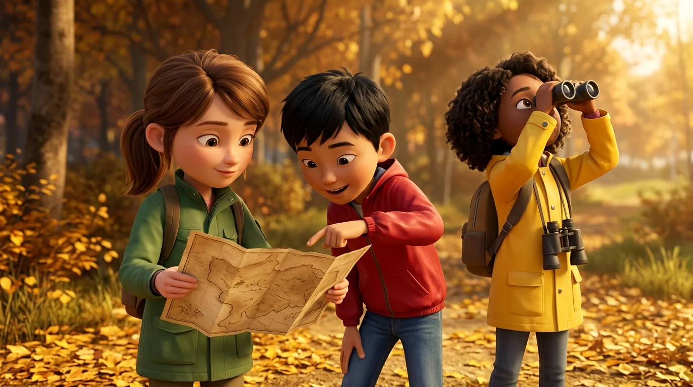 Une fille de 8 ans et son meilleur ami courent dans un bois en explorant une carte ancienne, rendu 3D façon film d'animation, lumière dorée d'après-midi