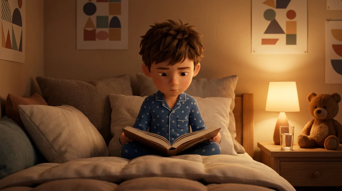 Un garçon de 8 ans en pyjama lit un livre dans son lit, lampe de chevet allumée, ambiance soir, rendu 3D façon film d'animation