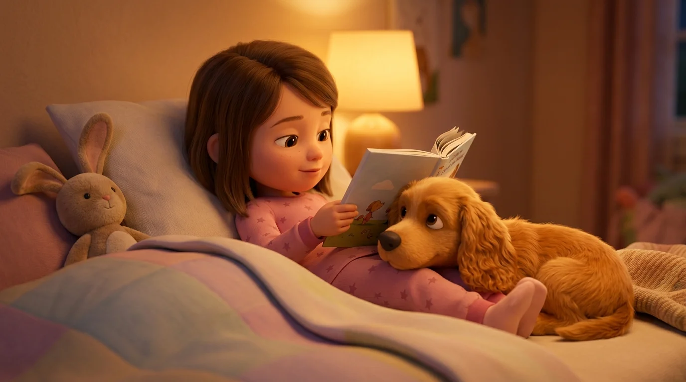 Une fillette de 5 ans dans son lit le soir, un chien type golden retriever blotti contre elle, l'enfant tient un livre et le chien pose sa tête sur ses genoux, lampe de chevet allumée, rendu 3D façon film d'animation, lumière chaude ambrée