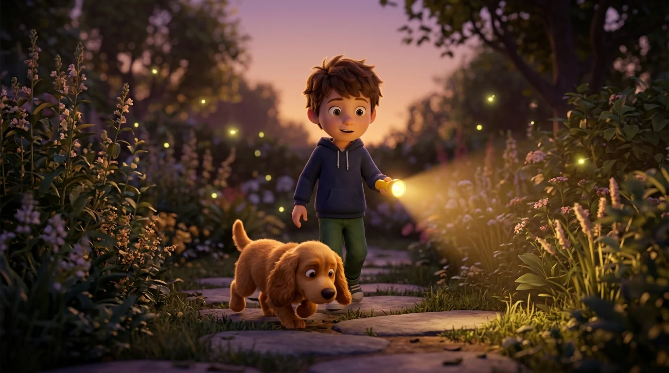 Un enfant de 6 ans et son chien explorent un jardin dense à la nuit tombante avec une lampe de poche, ambiance complice et aventure, rendu 3D façon film d'animation