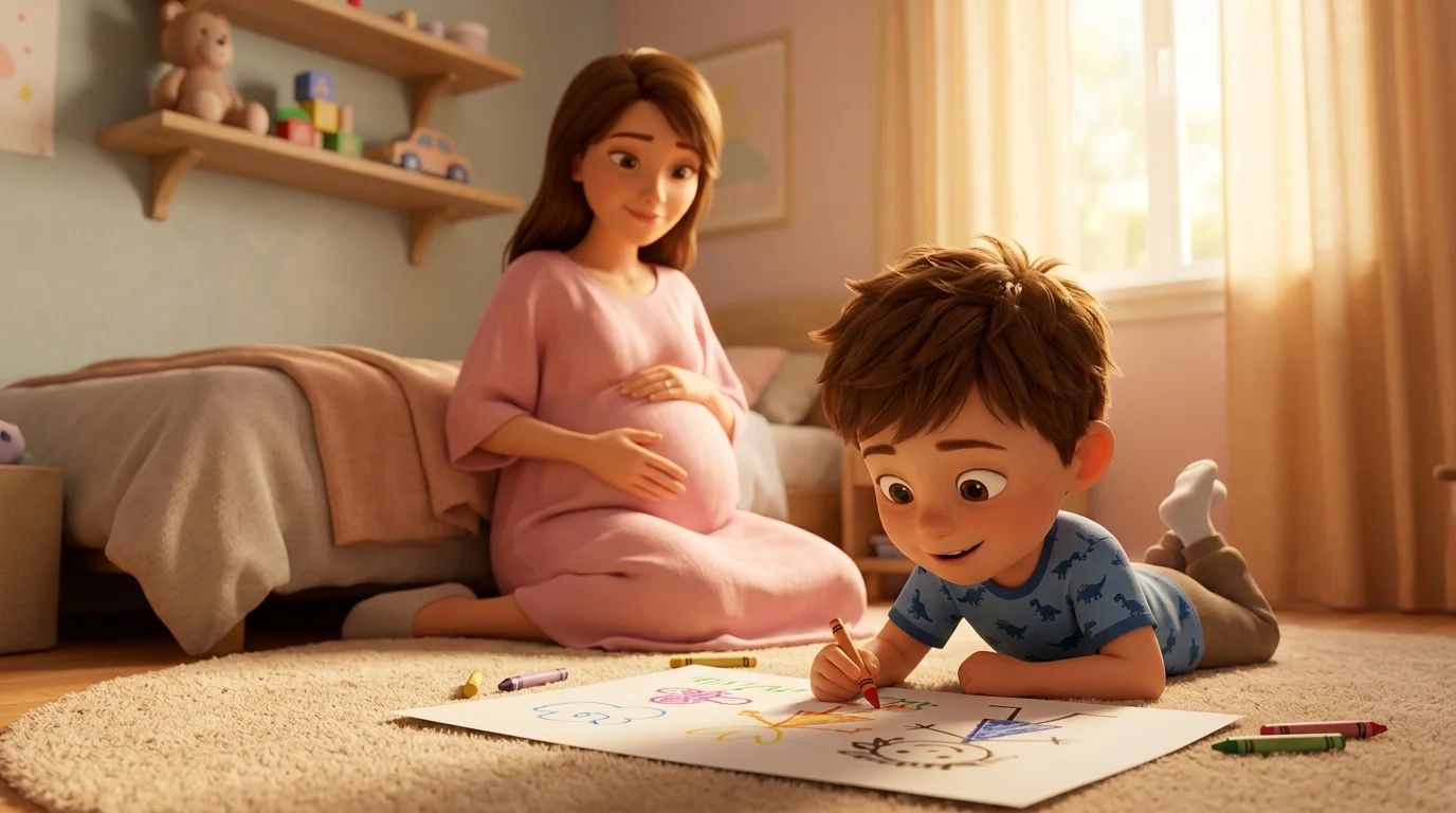 Un enfant de 5 ans dans sa chambre, en train de dessiner sur un grand papier au sol, sa maman enceinte assise sur le lit derrière lui sourit doucement, rendu 3D façon film d'animation
