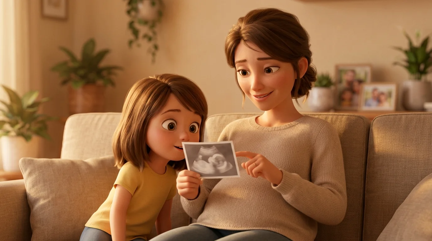 Une maman et son fils de 5 ans assis sur le canapé, la maman tient une échographie dans ses mains pour la lui montrer, expression douce et complice, rendu 3D façon film d'animation