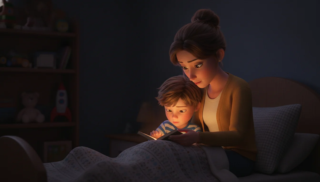 Uma mae e uma crianca aconchegadas na cama diante da luz suave da historia para dormir